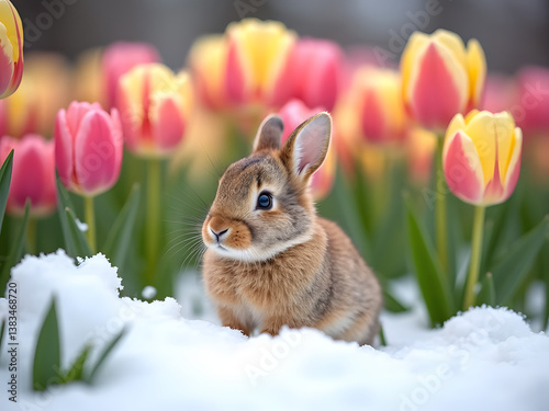 Tiny Bunny Among Colorful Tulips in a Light Snowfall