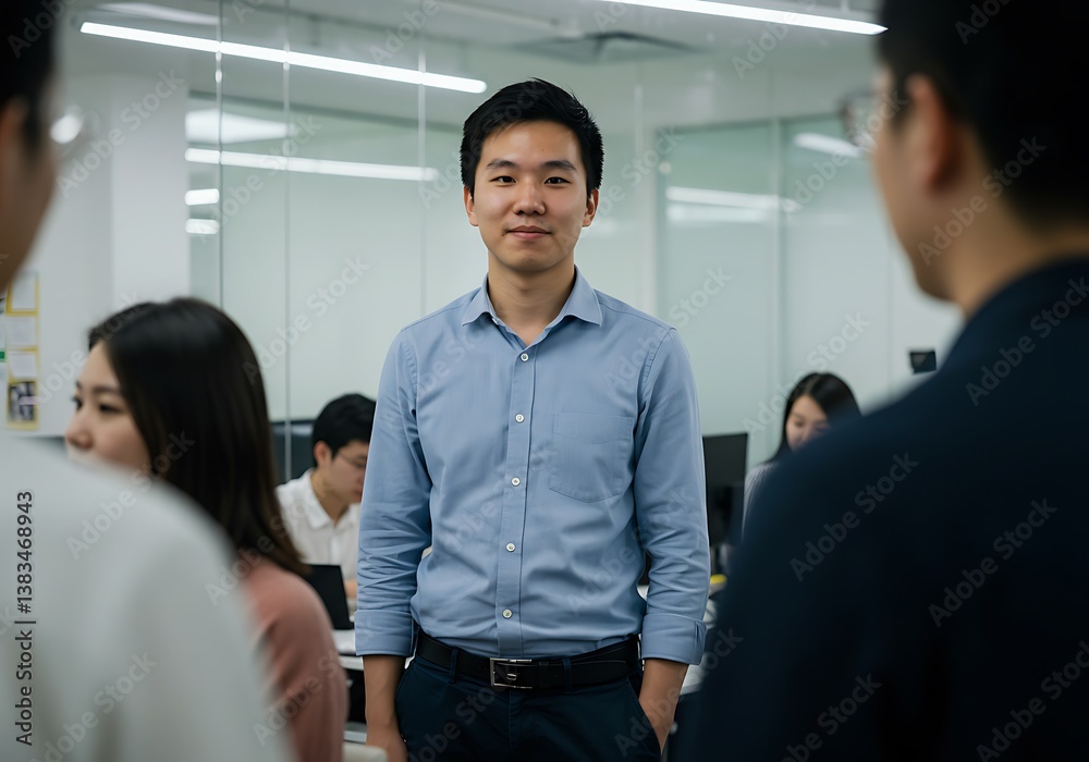 A poised young professional stands confidently in a modern office, radiating calm assurance amidst his colleagues, soft light illuminating his thoughtful expression. A poised young professional stands confidently in a modern office, radiating calm assurance amidst his colleagues, soft light illuminating his thoughtful expression.
