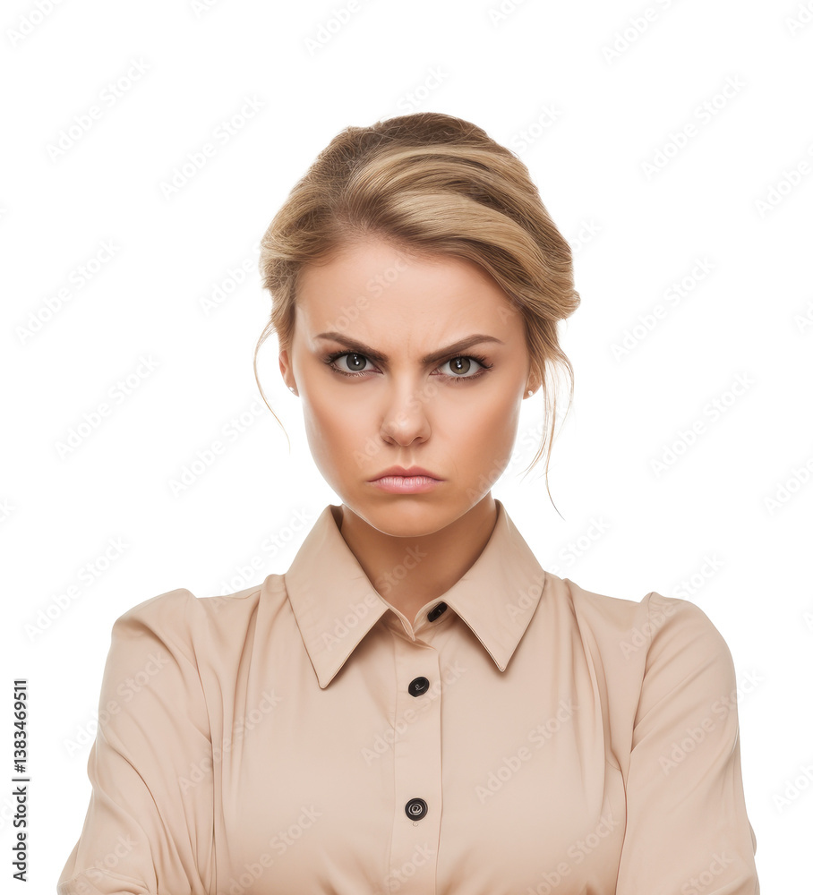 Serious woman with angry expression in beige blouse, close-up shot isolated on a transparent background. Serious woman with angry expression in beige blouse, close-up shot isolated on a transparent background.