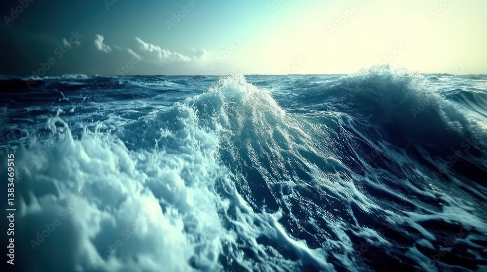 Fototapeta premium Dramatic ocean waves crashing, sunlight on water