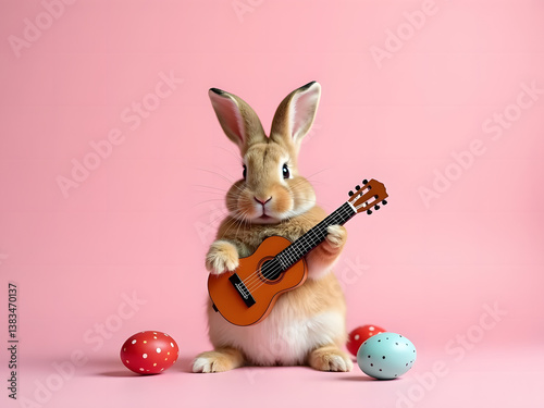 Adorable Bunny Playing a Tiny Guitar with Easter Eggs