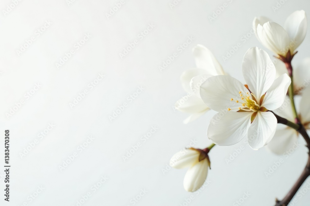 Fototapeta premium Delicate white blossoms against a pure white background, minimal, close-up, delicate