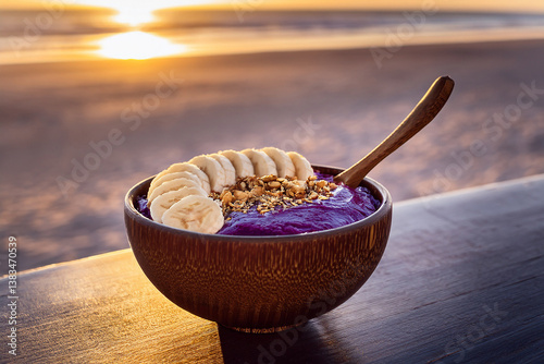 Açaí na Tigela con Frutas Tropicales - Superalimento en Cuenco de Madera photo