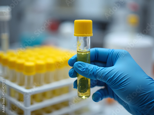 Gloved Hand Holding a Test Tube with Yellow Liquid in a Lab Setting