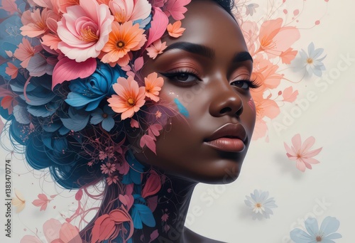  Blossom Beauty An Abstract Digital Art of Black Woman with Floral Patterns and Shades of Pink, Orange, and Blue.