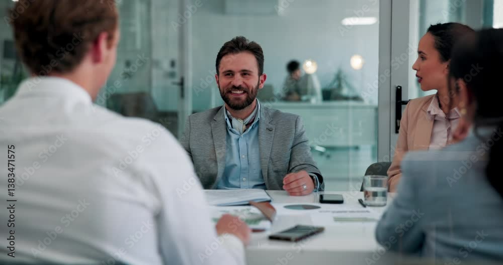 Business man, group and planning strategy, brainstorming and financial solution in office. Meeting, collaboration and discussion with manager for investment, revenue and laugh for company growth Business man, group and planning strategy, brainstorming and financial solution in office. Meeting, collaboration and discussion with manager for investment, revenue and laugh for company growth