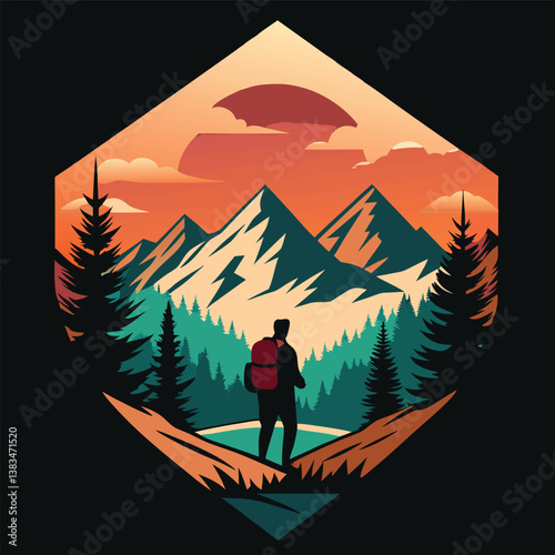 Mountain Landscape Art with Hiker Silhouette and Sunset in Geometric Hexagon