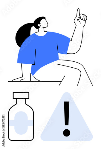 Person raising hand in thought, paired with a bottle and a warning sign. Ideal for health, safety, advice, caution, awareness, medical prevention. Clean flat simple metaphor