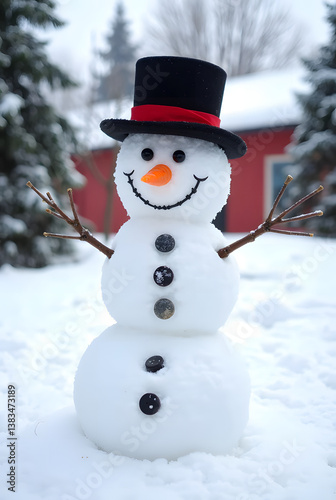 Smiling Snowman with Black Top Hat and Red Band in a Winter Landscape
