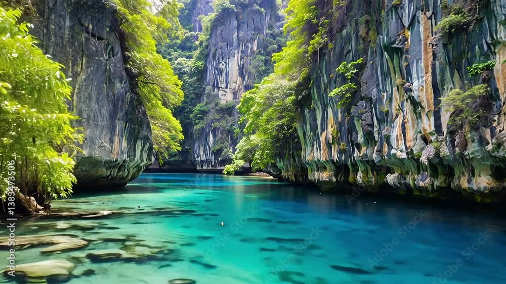 Tropical waterfall flowing into lagoon between lush cliffs under sunlight. Concept of eco travel, untouched nature, digital detox escapes, and paradise landscapes for mindful tourism