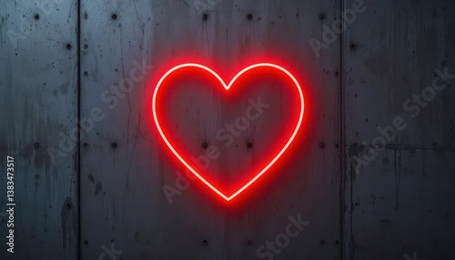  Electric Red Heart Neon Sign Against Bare Concrete, A Symbol of Love in a Modern Industrial Setting
