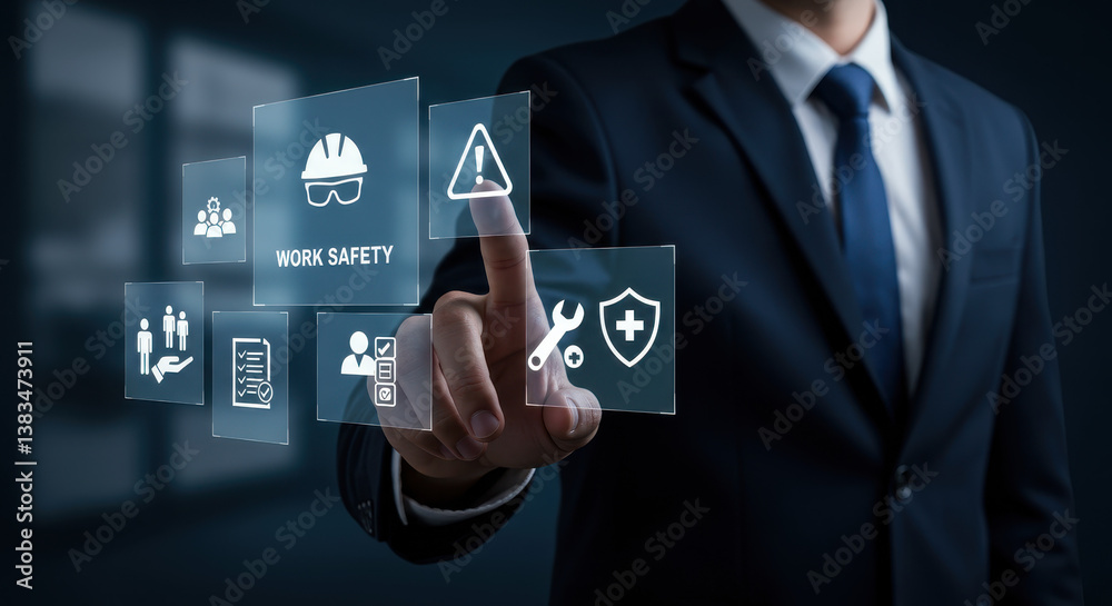Work Safety First: A Businessman Promotes Hazard Prevention and Safe Practices with Interactive Technology in a Modern Workplace. Work Safety First: A Businessman Promotes Hazard Prevention and Safe Practices with Interactive Technology in a Modern Workplace.