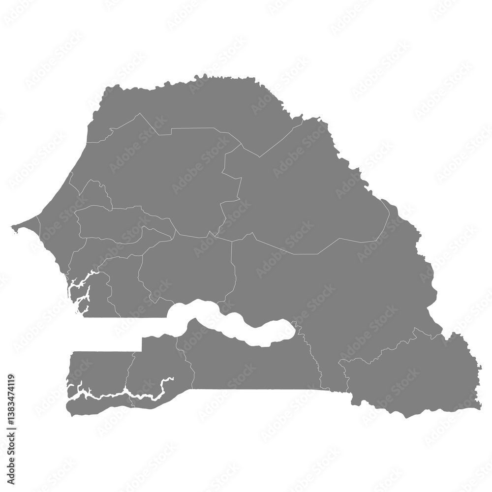 High quality map of Senegal with borders of the regions