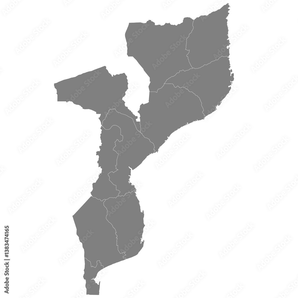 High quality map of Mozambique with borders of the regions