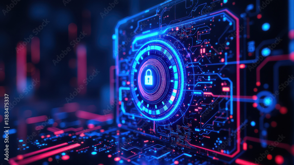 Cybersecurity, data encryption with a digital lock icon on a circuit board background. Cybersecurity, data encryption with a digital lock icon on a circuit board background.