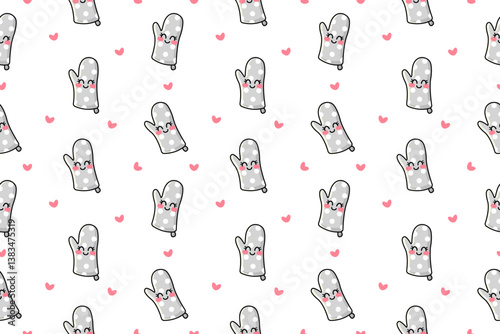 Seamless pattern with cute kitchen glove or pot holder in flat kawaii style. Grey fabric with white dots design kitchen equipment kawaii character icon isolated on white background