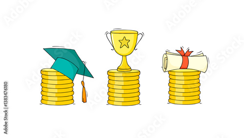Invest money in education. Icons set of tuition cost, scholarship, school grant. Vector hand drawn illustration with gold coins stack and graduation cap, cup, diploma.