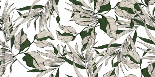 Seamless flowers pattern in vector. Tropical leaves pattern.