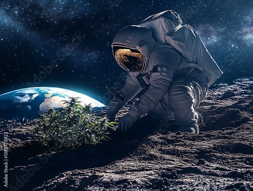 An astronaut tending to plants on the moon with a view of Earth