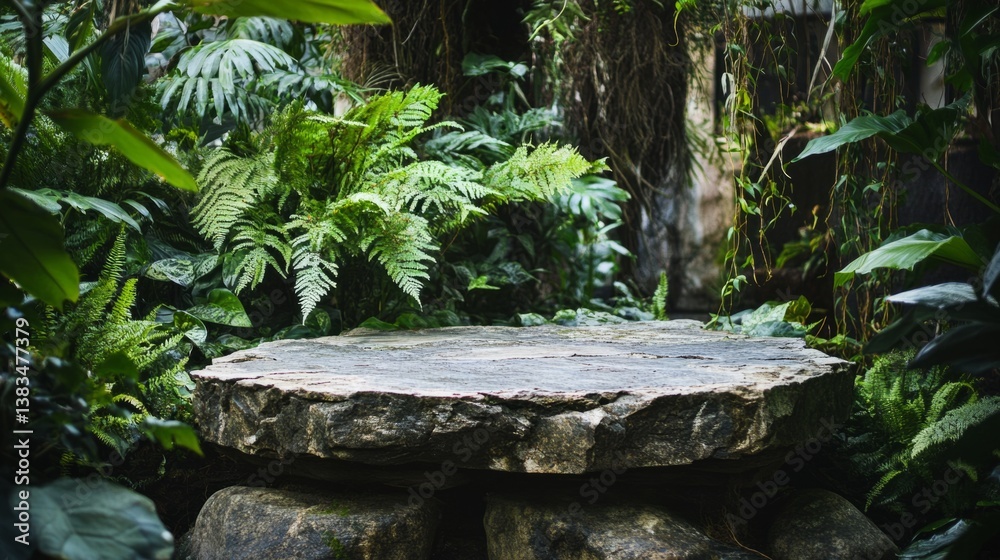 Rustic rock platform in an untouched jungle paradise, vines and ferns framing the pedestal generative ai Rustic rock platform in an untouched jungle paradise, vines and ferns framing the pedestal generative ai