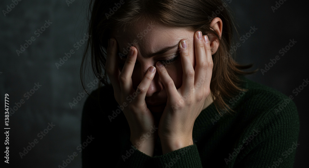 Woman with emotional stress covers her face with hands in dark portrait. Female portrait shows emotional pain and mental health issues Woman with emotional stress covers her face with hands in dark portrait. Female portrait shows emotional pain and mental health issues