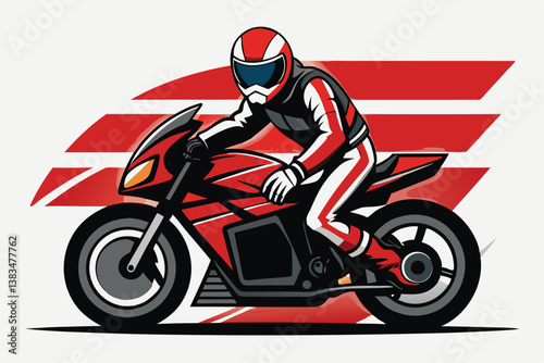 Motorcyclist in Red Gear Rides a Red Sportbike with Abstract Background
