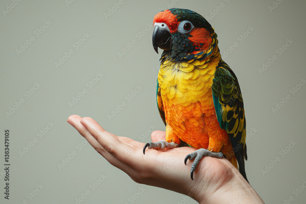 Vibrant parrot with multicolored feathers sits on person hand. Close up of tropical Macaw bird