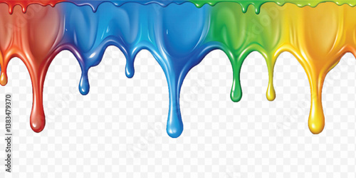 realistic multi or rainbow colour liquid paint dripping down isolated on white background