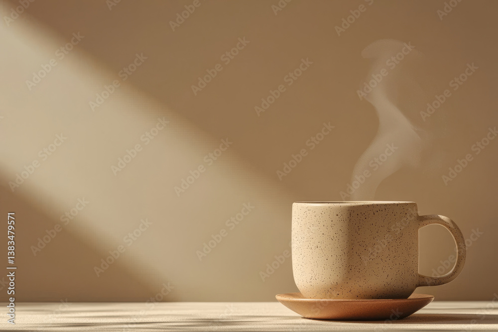Ceramic mug with hot steaming drink on neutral beige background. Minimalist coffee cup with rising steam