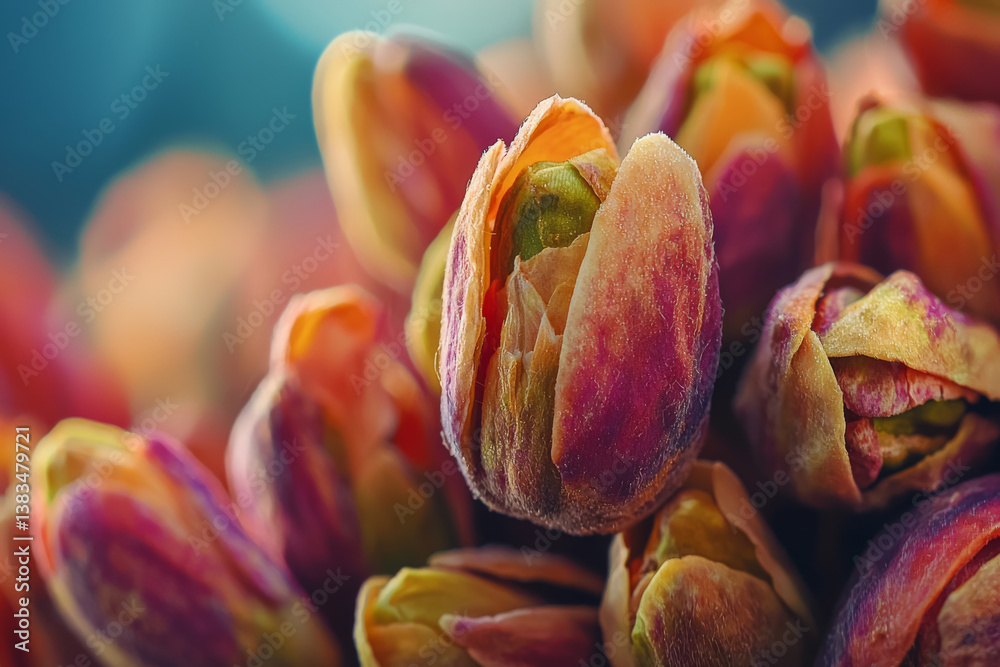 Macro photo of partially opened raw pistachios with vivid purple shells and green nuts