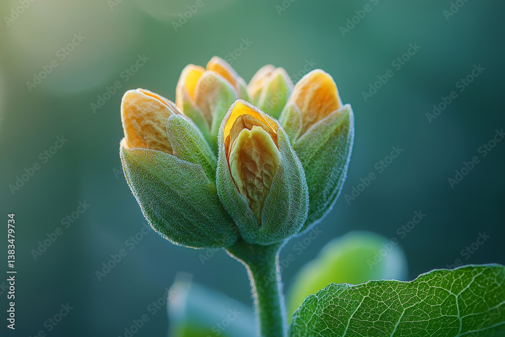 Macro shot of blooming flower bud with yellow and green hues against blurred background