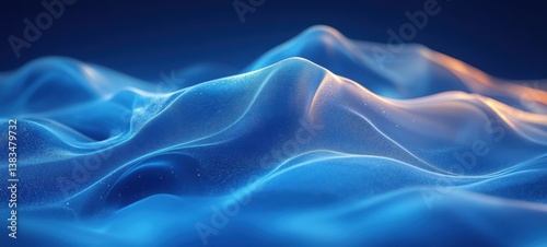 Abstract blue wavy landscape with golden highlights creating a surreal atmosphere