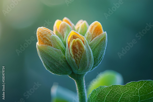 Macro shot of blooming flower bud with yellow and green hues against blurred background