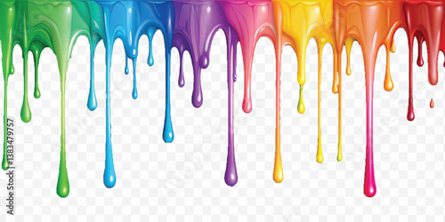 realistic multi or rainbow colour liquid paint dripping down isolated on white background