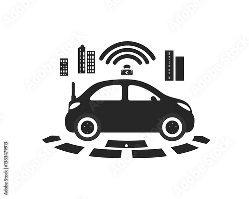 An illustration depicting a self driving car with connected city infrastructure