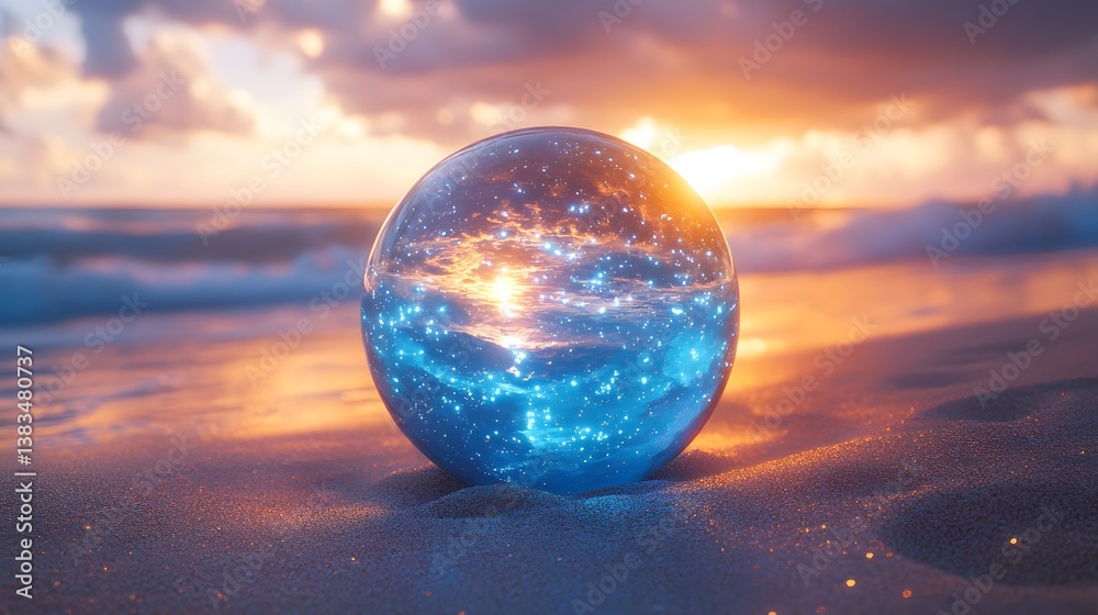 Mystical blue glass orb resting on a vast sandy shoreline with abstract reflections of the sea under twilight Mystical blue glass orb resting on a vast sandy shoreline with abstract reflections of the sea under twilight