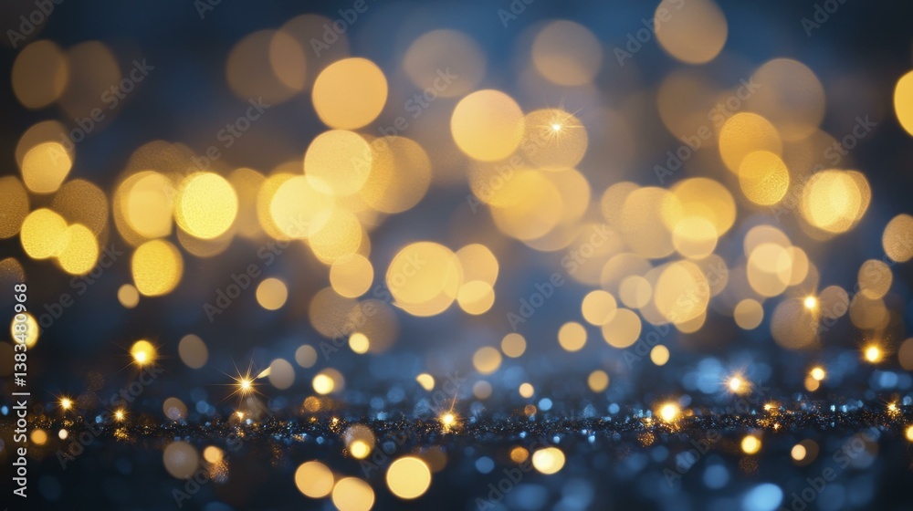 Sparkling Golden Bokeh Lights and Glitter on Dark Blue Night Background Sparkling Golden Bokeh Lights and Glitter on Dark Blue Night Background