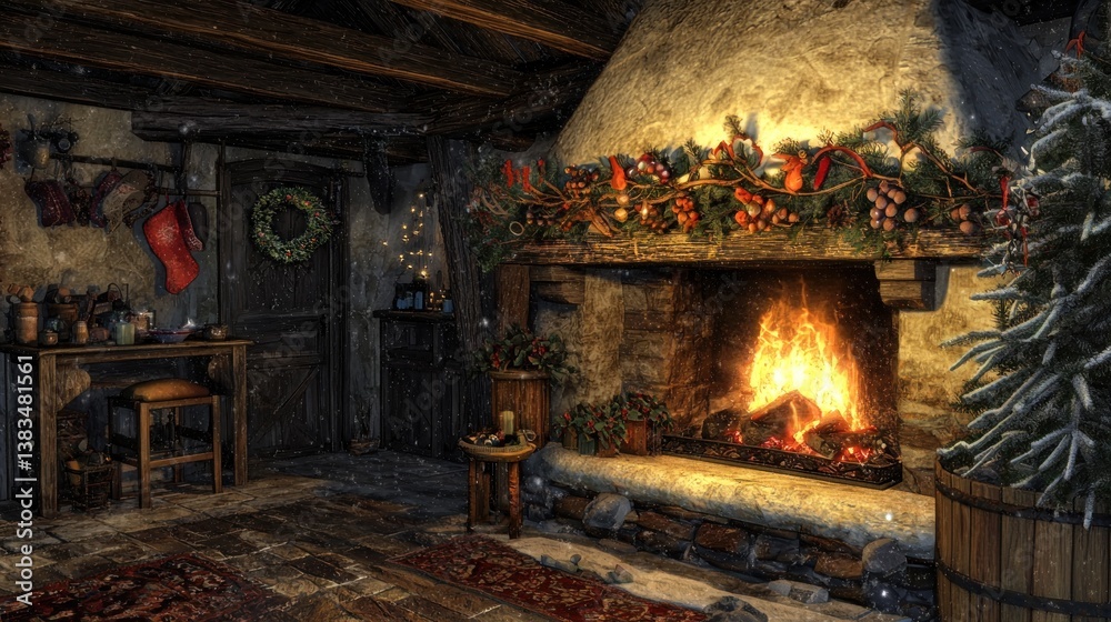 Cozy Christmas cabin interior with fireplace. Cozy Christmas cabin interior with fireplace.