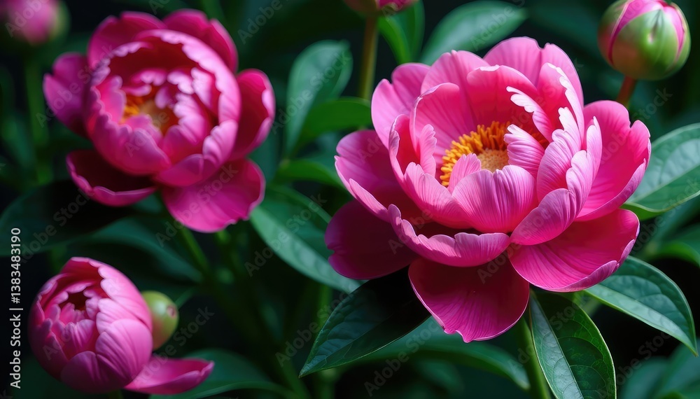 Obraz premium Bold peony blooms, intricate leaf details, vibrant color palette, fabric, color