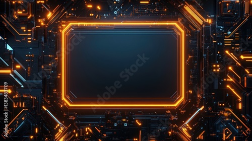 Futuristic circuit board with glowing orange frame and dark center, symbolizing technology and innovation. Perfect for tech backgrounds, presentations, and digital art.