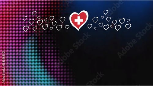 Eurovision 2025. Switzerland. 2025. European Song Contest. Dark multicolored bright background with the flag of Switzerland in a white heart.