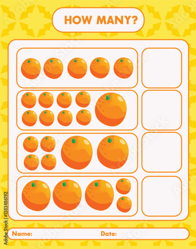 Worksheet with orange fruits for counting practice and name and date fields in yellow color