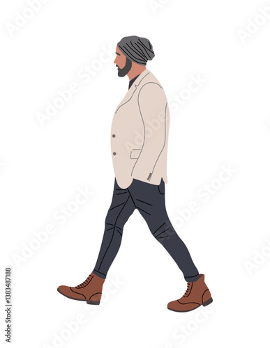 Stylish man in casual warm clothes walking side view. Handsome guy in street fashion outfit for cold weather, winter, spring - jacket, hat. Vector realistic illustration isolated