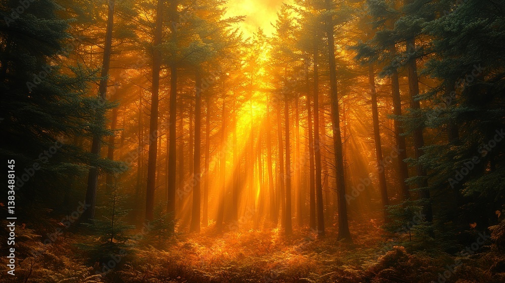 Obraz premium Golden Sunlight Piercing Misty Forest