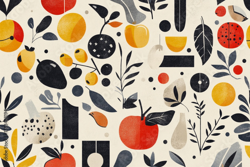 Abstract fruit and leaf pattern on a light background