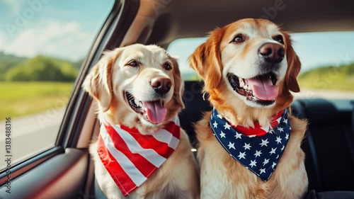 A dog driving a car and carrying a United States flag, celebrating Independence Day on the 4th of July