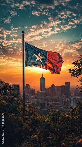 Texas flag waving over Austin skyline at sunrise