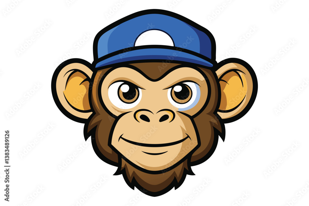 Obraz premium Cartoon Monkey Mascot Head with Blue Cap and Smiling Face on White Background