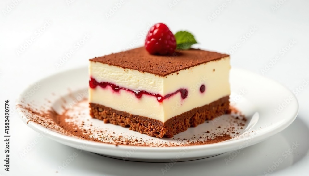 Elegant tiramisu portion, dusted with cocoa, white backdrop , closeup, food styling Elegant tiramisu portion, dusted with cocoa, white backdrop , closeup, food styling