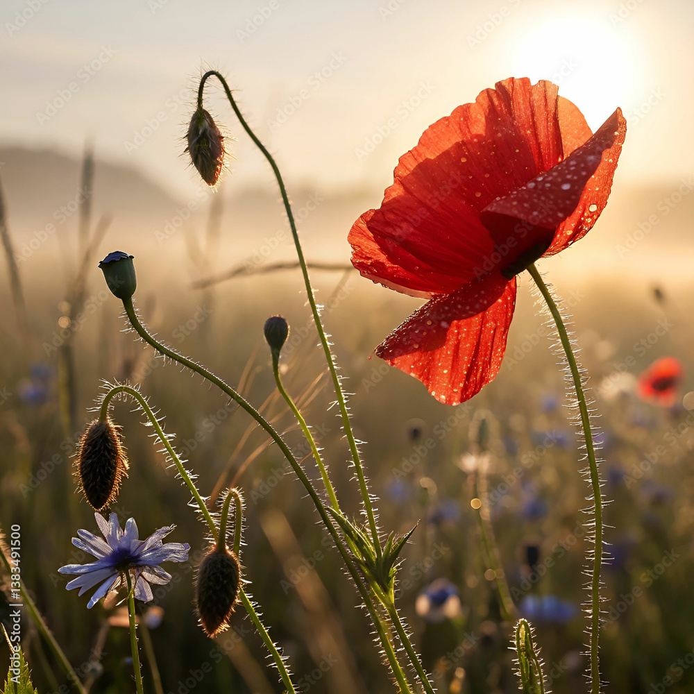 Obraz premium A close-up of a bright red poppy, its silky petals catching the light as they gently sway in the breeze.